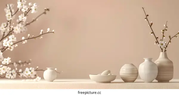 Simple and Minimalist Flower Arrangement with White Vases on a Beige Background