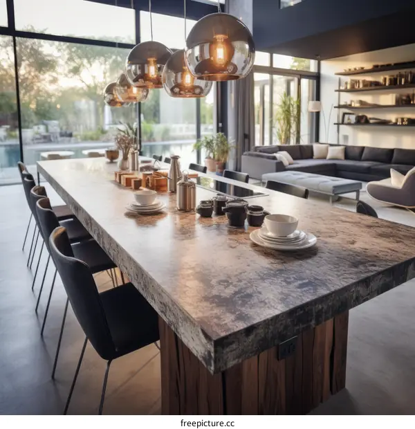 Modern kitchen island with a view of the pool