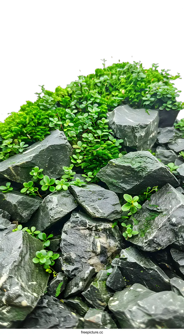 [Transparent Background PNG]Green Moss Growing on Rocks and White Background