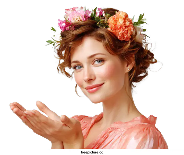 [Transparent Background PNG]Woman with Flower Crown Presenting Something
