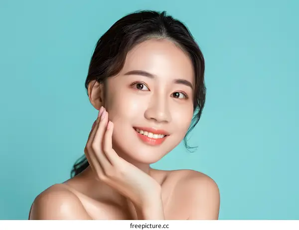 Beautiful Young Asian Woman with Smooth Skin and Bright Smile Posing Against Blue Background