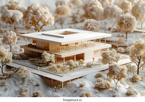 Modern Wooden Architectural Model with Small Trees and People