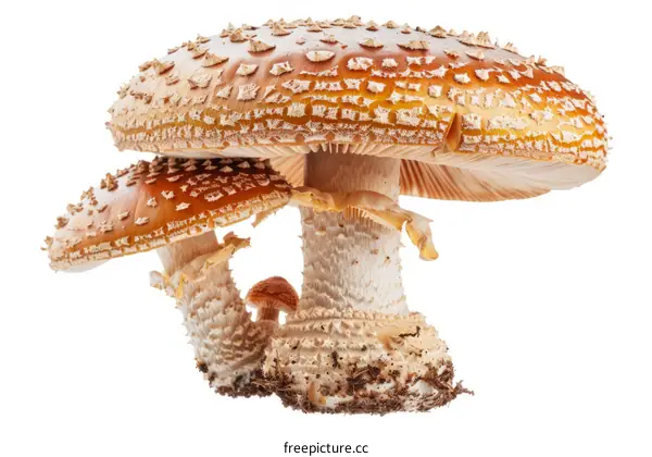 Three orange amanita mushrooms of different sizes