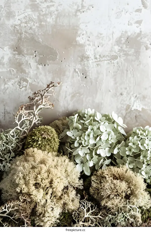Dried Flowers and Moss on a Light Grey Background