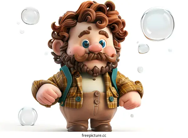3D cartoon character of a man with a beard and curly hair wearing a plaid shirt and brown pants