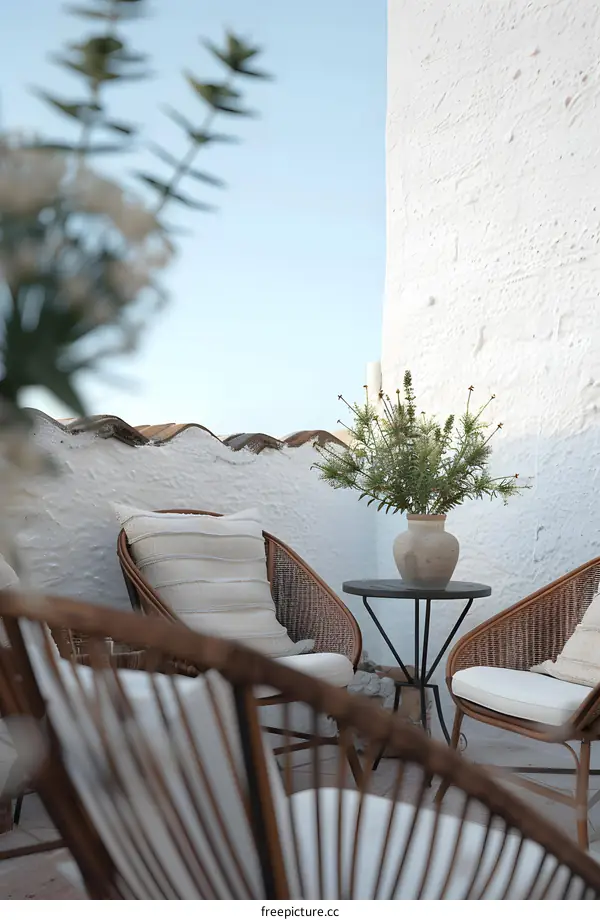 Wicker Chairs on a Patio with White Wall