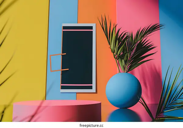 Minimalist 3D Render with Palm Leaves and Colorful Background