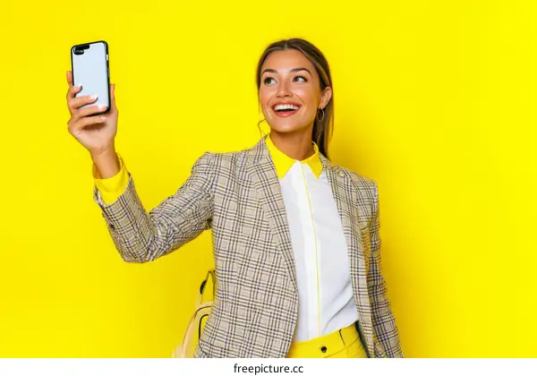 Business Woman Taking Selfie Against Yellow Background