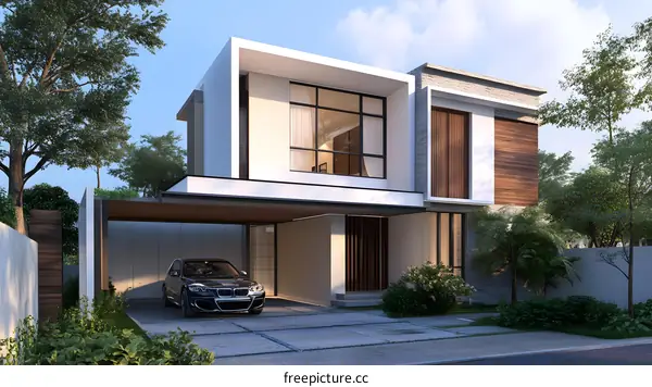 Modern Two Story House with Carport and Landscaping