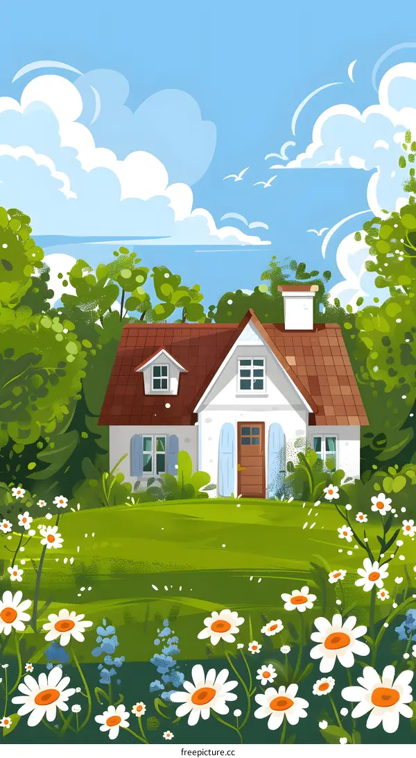 Summer Day Cottage Illustration With White Daisies