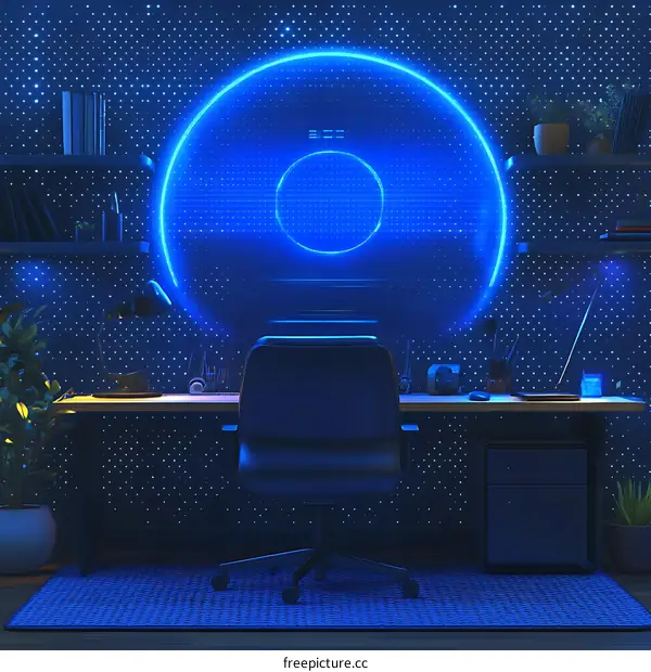 Futuristic Home Office Interior Design with Neon Blue Circle