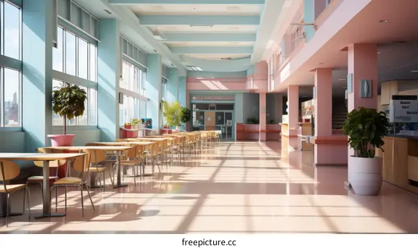 Pink and blue pastel color scheme in a cafeteria with large windows