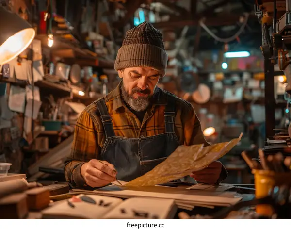 Focused male craftsman reading a book in his workshop