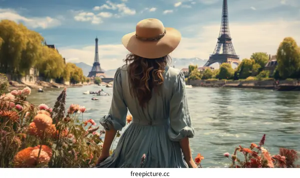 A woman standing on a bridge in Paris, looking at the Eiffel Tower
