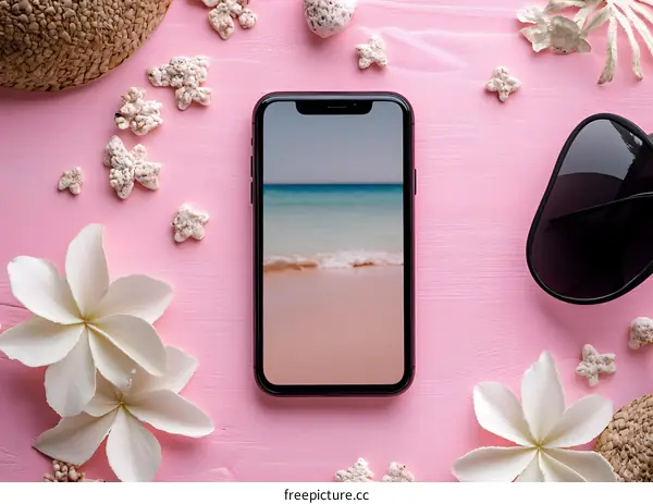 Summer Travel Phone Screen Mockup on Pink Background