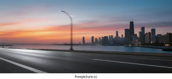 City skyline at sunset with empty road in foreground