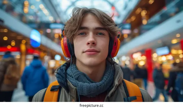 portrait of a young male wearing headphones in a busy public space