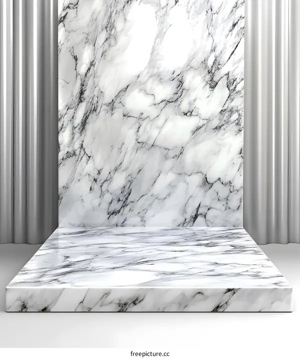 White Marble Platform With Gray Curtains Background