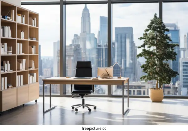 Modern office interior with large windows and a view of the city