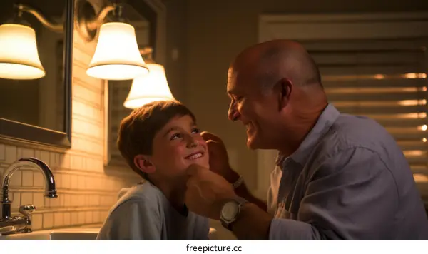 Father and son brushing teeth together