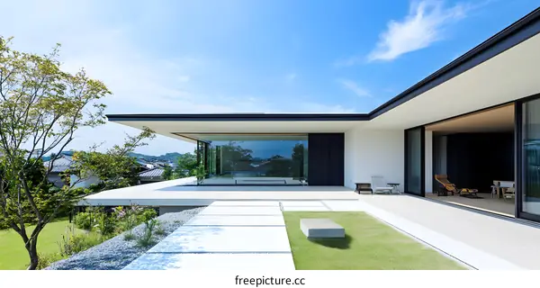 Modern Japanese House with Large Glass Windows and Patio