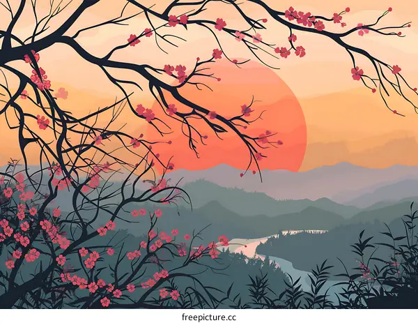 Sunset over Mountains with Cherry Blossoms