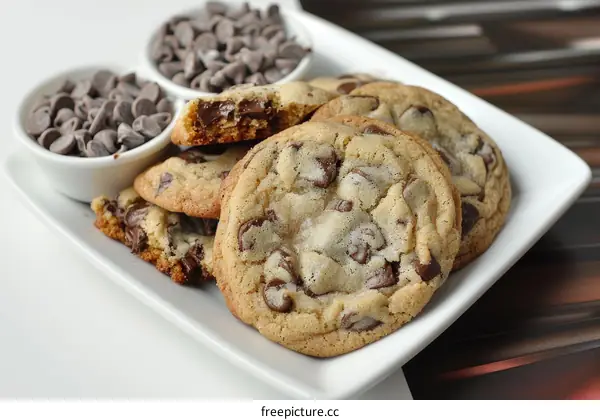 Close-up of chocolate chip cookies on a white plate