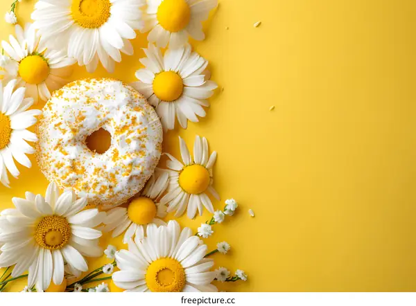Glazed Donut with White Daisies on Yellow Background