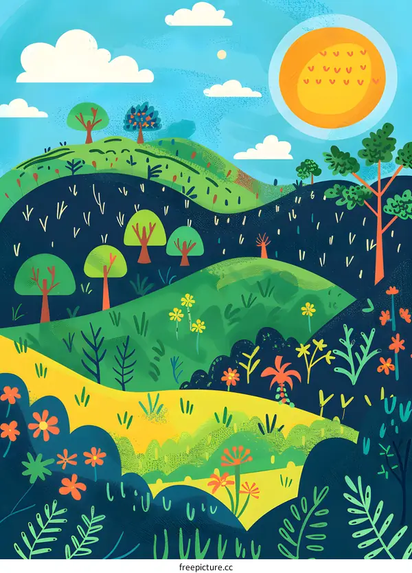 Brightly Colored Summer Landscape Illustration