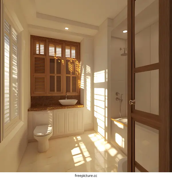 Modern Bathroom Interior Design With Wooden Window Shutters