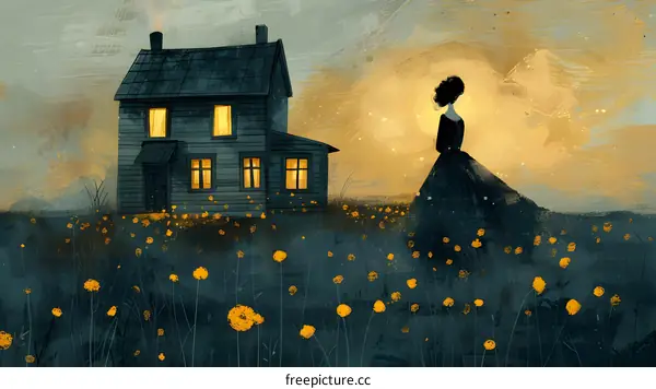 Woman in Black Dress Standing in Field with House in Background