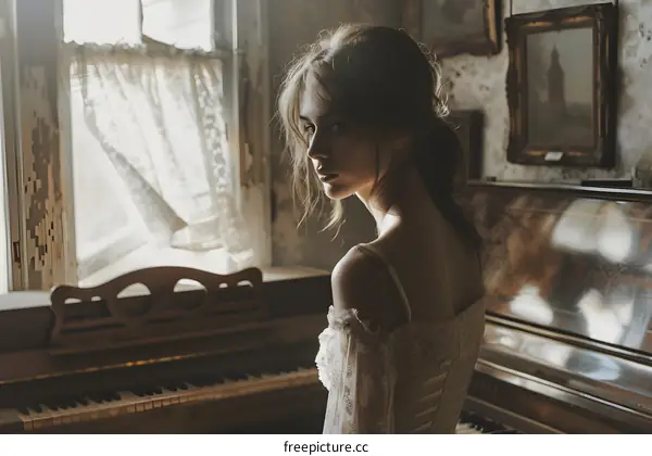 portrait of a young woman in a white dress sitting at a piano