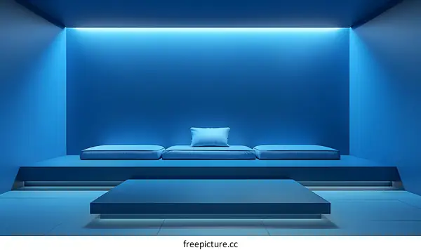 Blue Minimalist Room Interior Design with Futuristic Sofa and Table