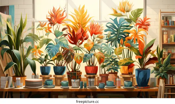An illustration of a variety of tropical plants in pots on a table in front of a window