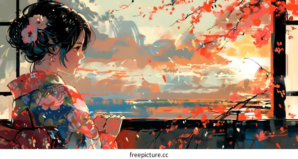 A woman in a kimono is sitting by the window, looking at the cherry blossoms.