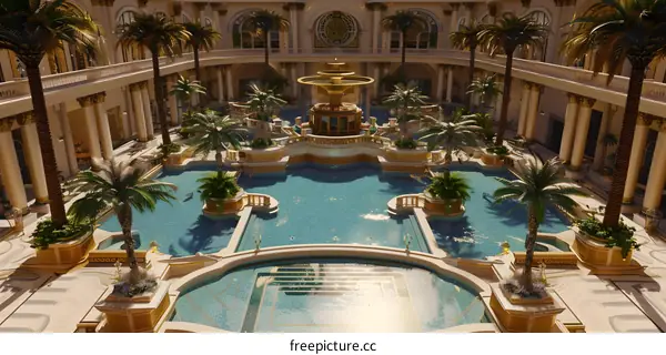 Indoor Swimming Pool With Palm Trees and Fountain