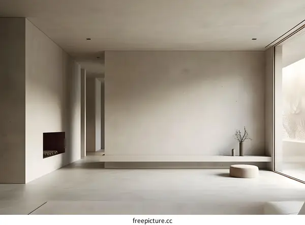 Minimalist Interior Design Living Room With Concrete Wall And Fireplace