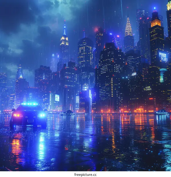 A police car drives through a rainy city street at night
