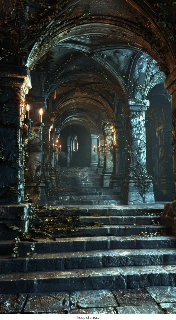 A Dim and Mystical Corridor with Stone Walls and a Stone Floor