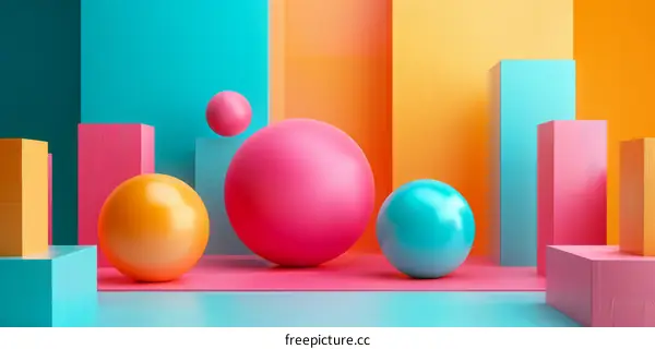 Pink and blue spheres in a colorful 3D environment