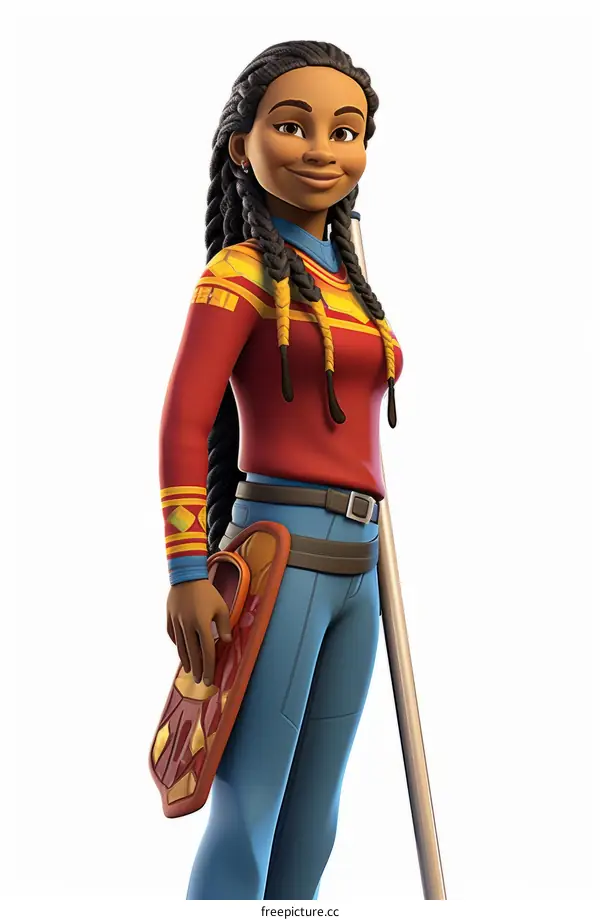 An illustration of a young African-American woman in a red sweater and blue jeans holding a shield and a spear.