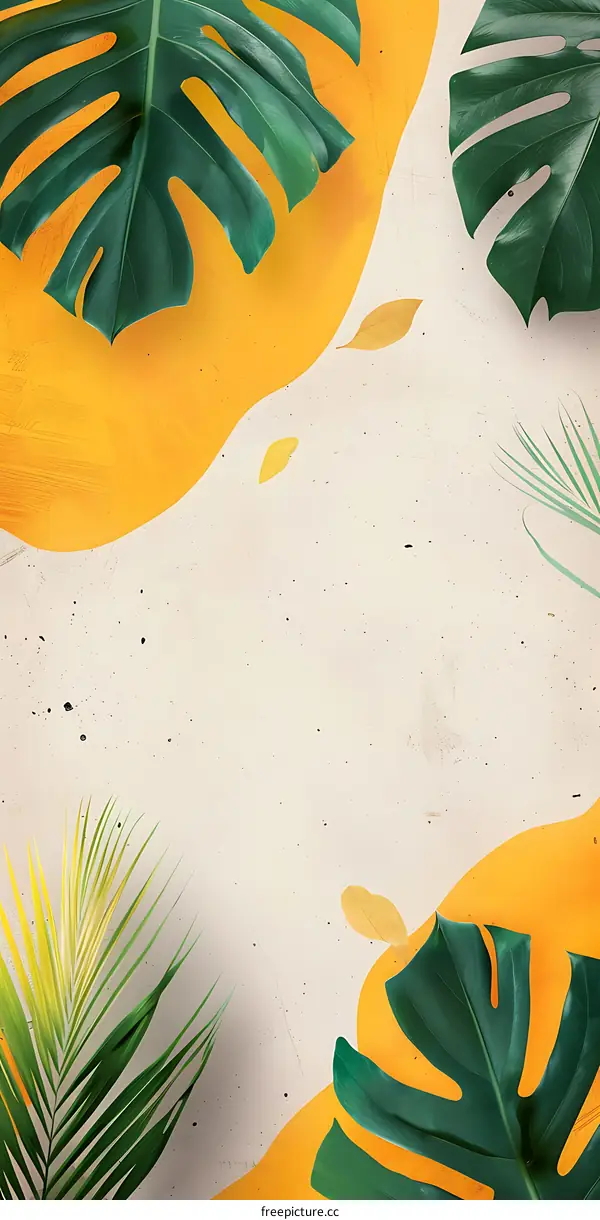 Tropical Leaf Background with Yellow Abstract Shapes