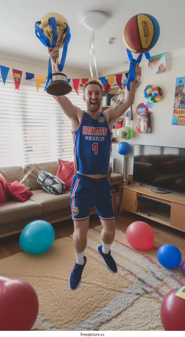 Ecstatic man celebrating his victory while holding a trophy and a basketball