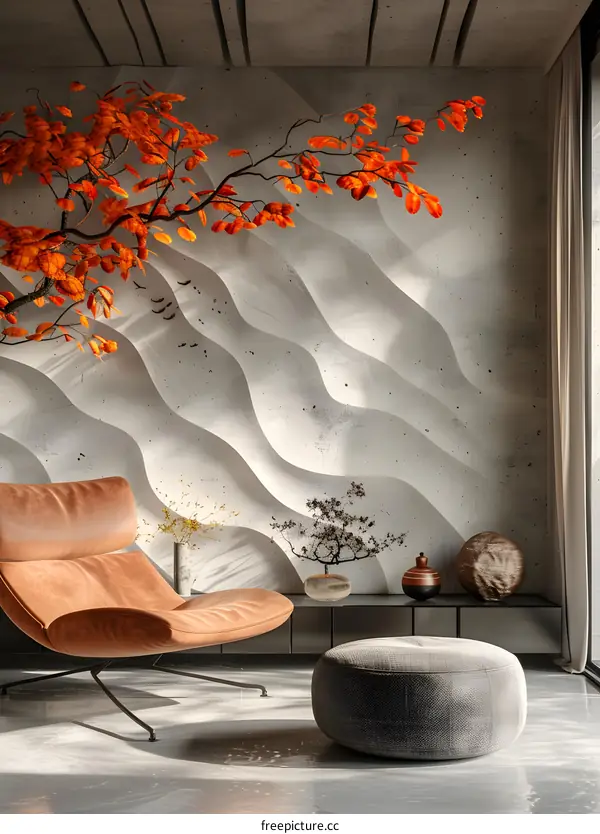 A Modern Living Room with Red Leaves