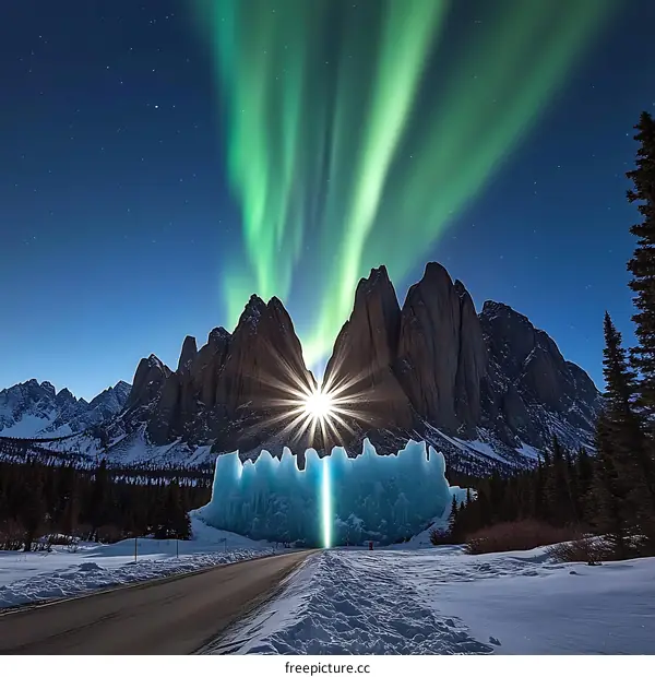 Aurora Borealis Over Mountains and Ice Wall