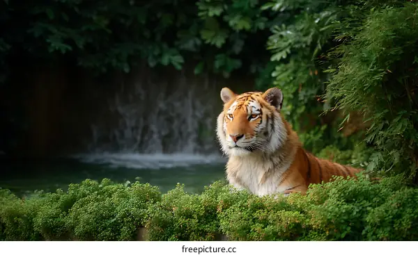 Tiger by Waterfall in a Lush Garden