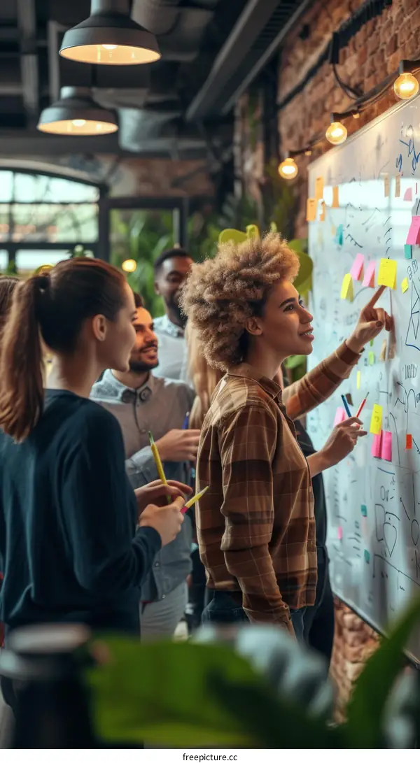 A group of multiethnic business professionals in casual clothing brainstorming ideas in a modern office space.