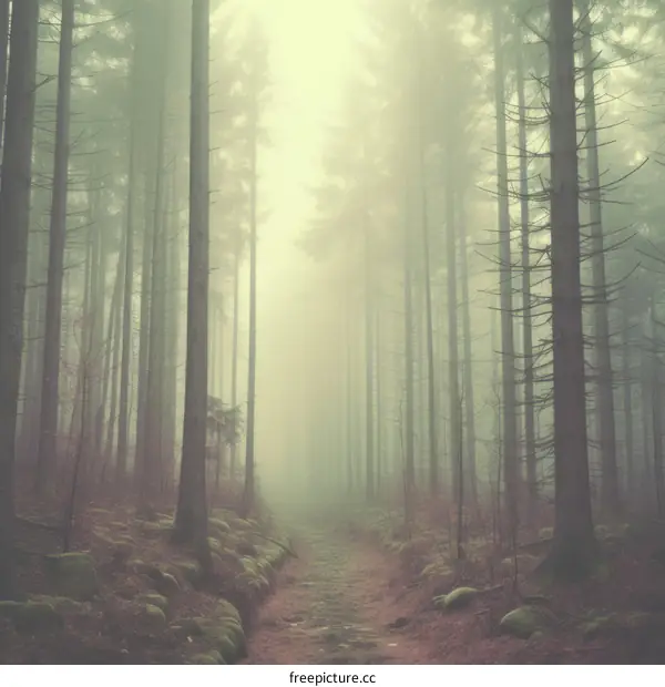 Foggy path in a pine forest