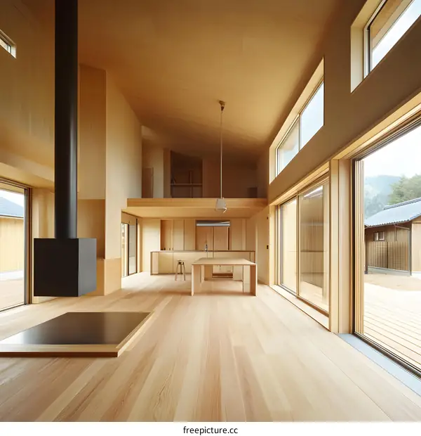 Modern Japanese Home with Wooden Interior and Large Windows