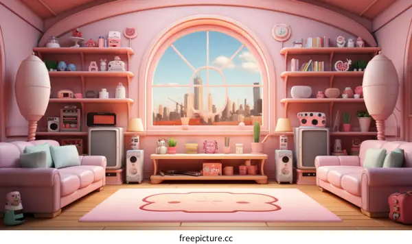 A cute pink living room with a big window